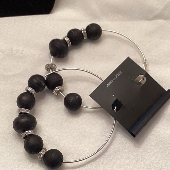 Large Silvertone Hoops with Black Beads and Rhinestone Rondels - Picture 2 of 6